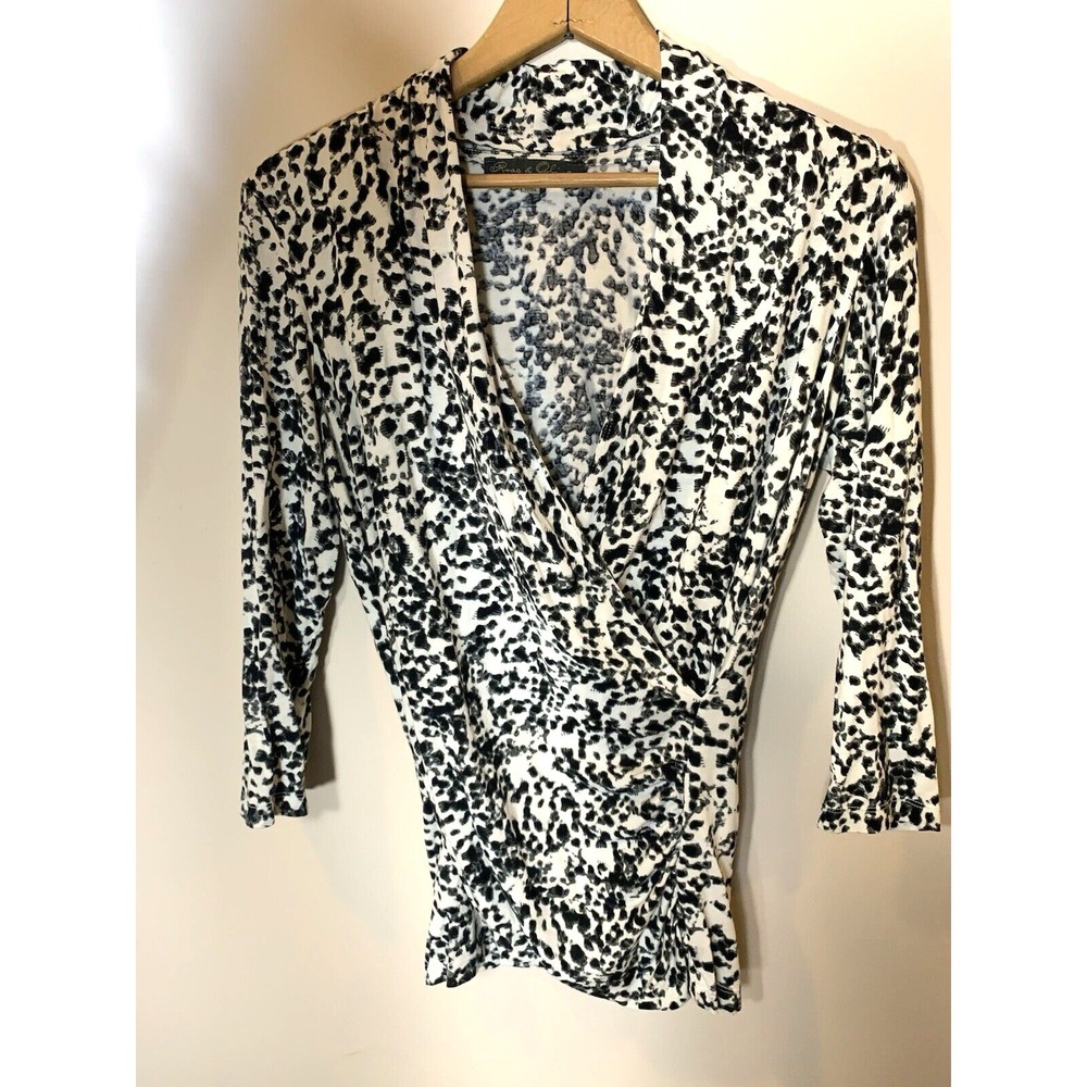 Wrap Front Stretch Jersey Top Womens Small White Black Leopard Career V-Neck